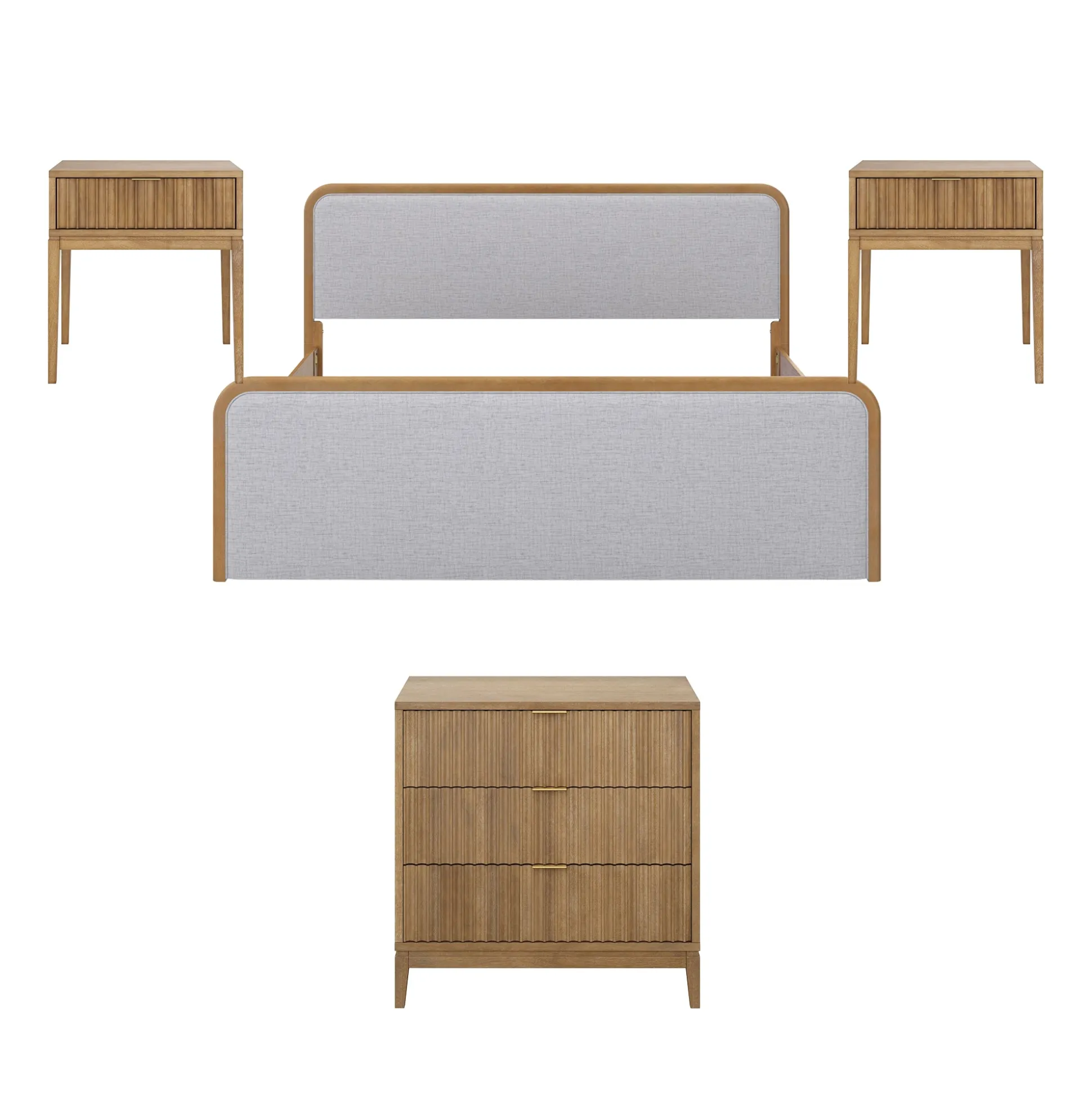 Fluted King Bed Frame with 1 Solid Wood Dresser and 2 Nightstands Set Gray/Light Brown