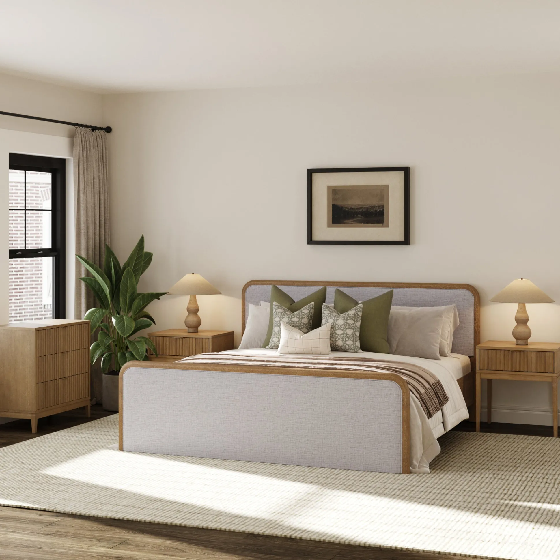 Fluted King Bed Frame with 1 Solid Wood Dresser and 2 Nightstands Set Gray/Light Brown