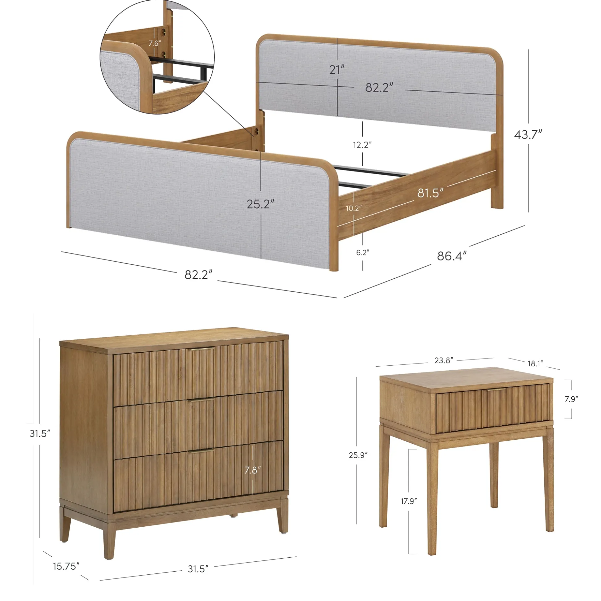 Fluted King Bed Frame with 1 Solid Wood Dresser and 2 Nightstands Set Gray/Light Brown