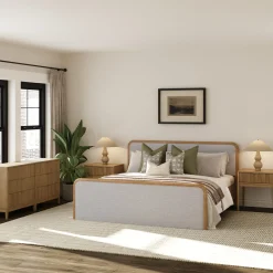 Fluted King Bed Frame with 2 Solid Wood Dressers and 2 Nightstands Set Gray/Light Brown