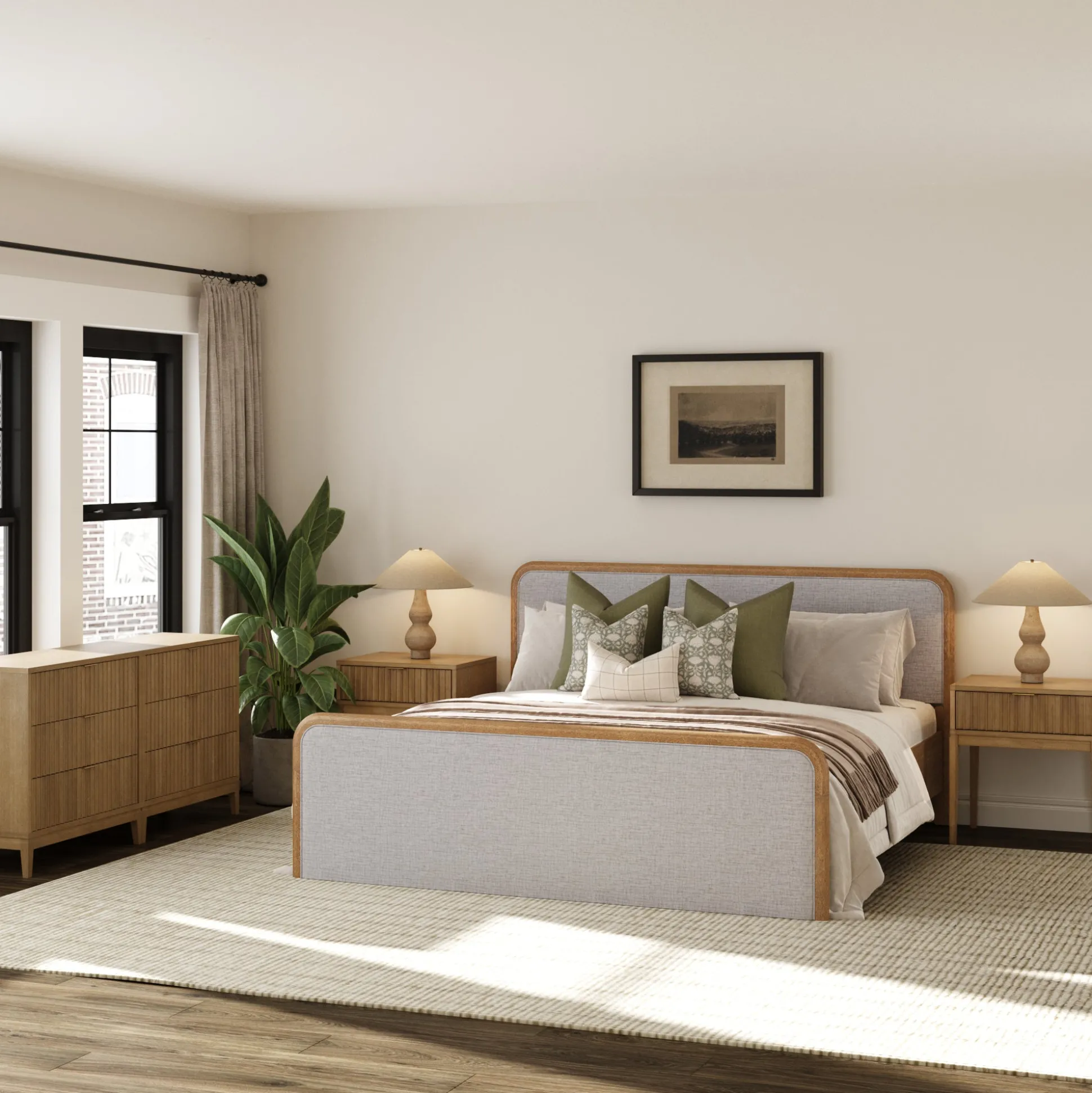 Fluted King Bed Frame with 2 Solid Wood Dressers and 2 Nightstands Set Gray/Light Brown
