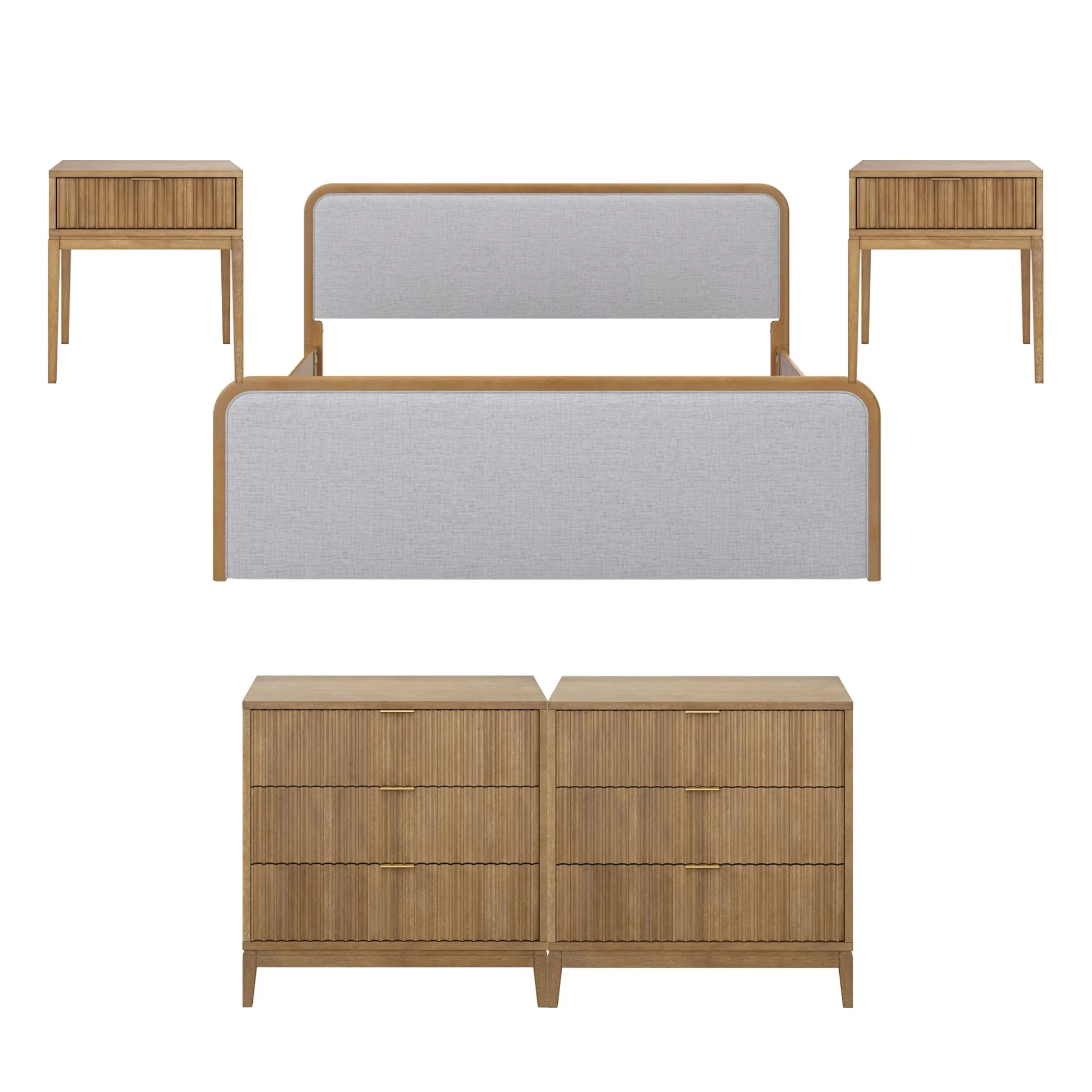 Fluted King Bed Frame with 2 Solid Wood Dressers and 2 Nightstands Set Gray/Light Brown