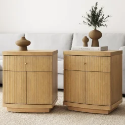 Fluted Nightstand with Drawer and Cabinet Storage Light Brown (Set of 2)