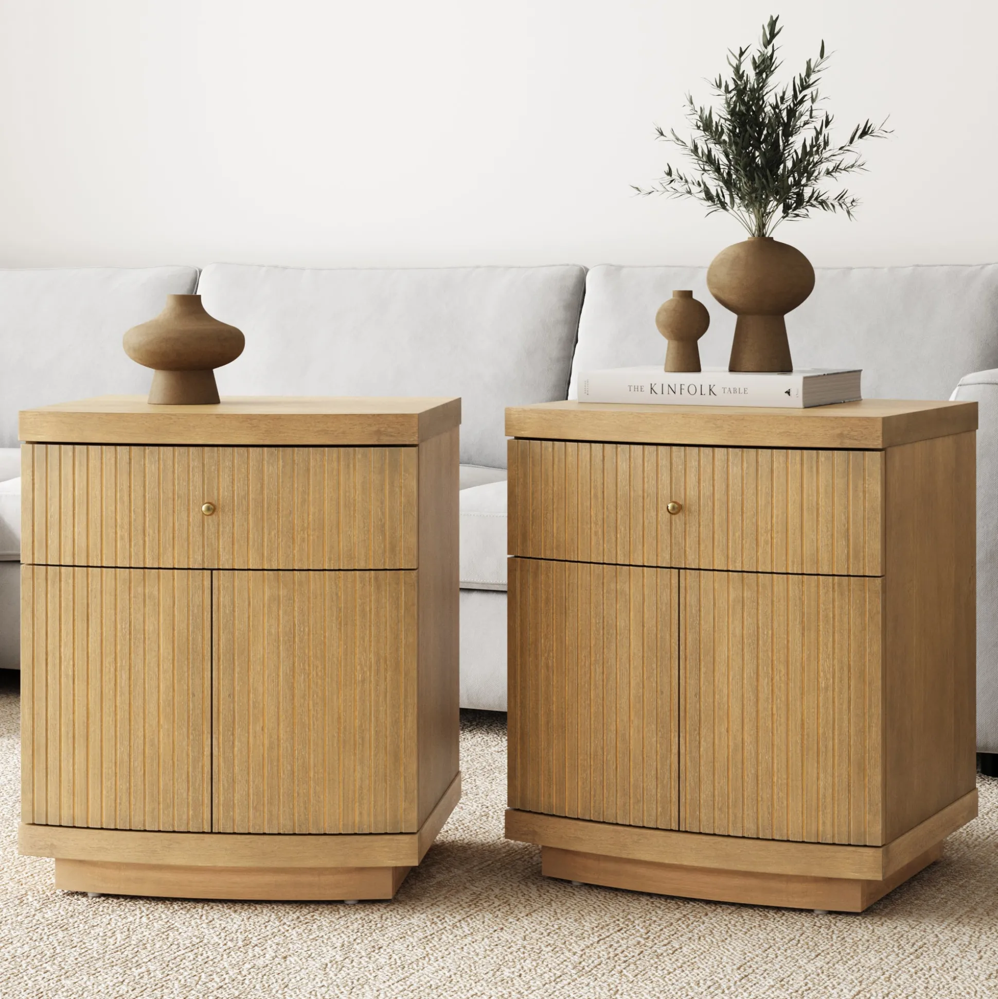 Fluted Nightstand with Drawer and Cabinet Storage Light Brown (Set of 2)