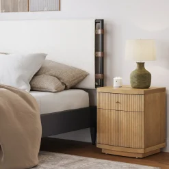Fluted Nightstand with Drawer and Cabinet Storage Light Brown