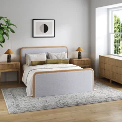 Fluted Queen Bed Frame with 2 Solid Wood Dressers and 2 Nightstands Set Gray/Light Brown