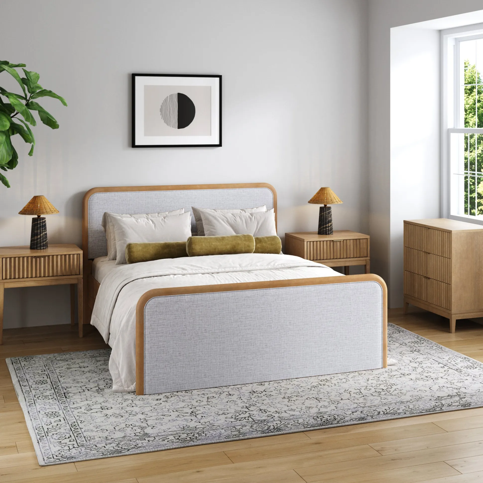 Fluted Queen Bed Frame with 1 Solid Wood Dresser and 2 Nightstands Set Gray/Light Brown