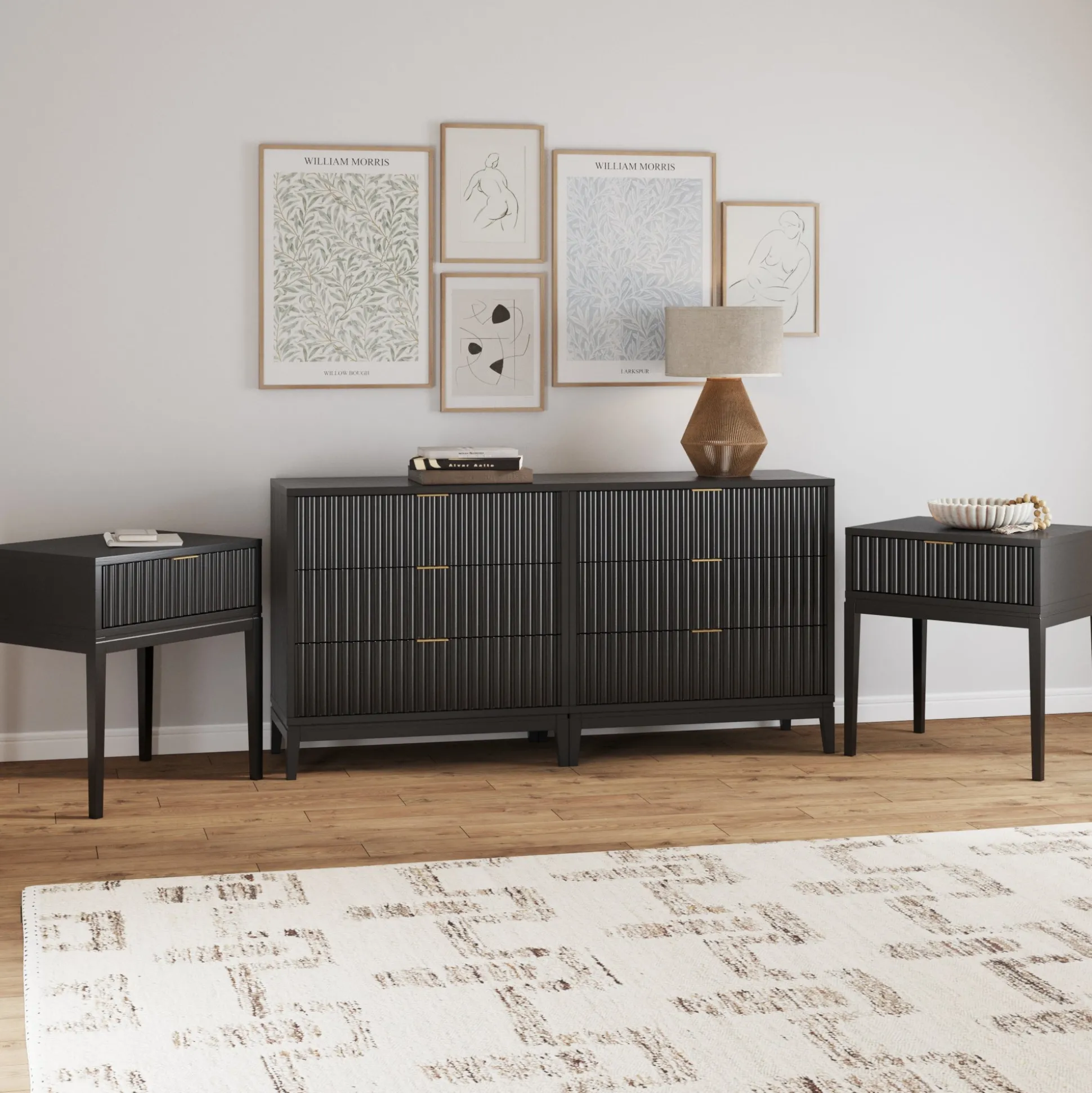 Fluted Wood Bedroom Set Black Oak
