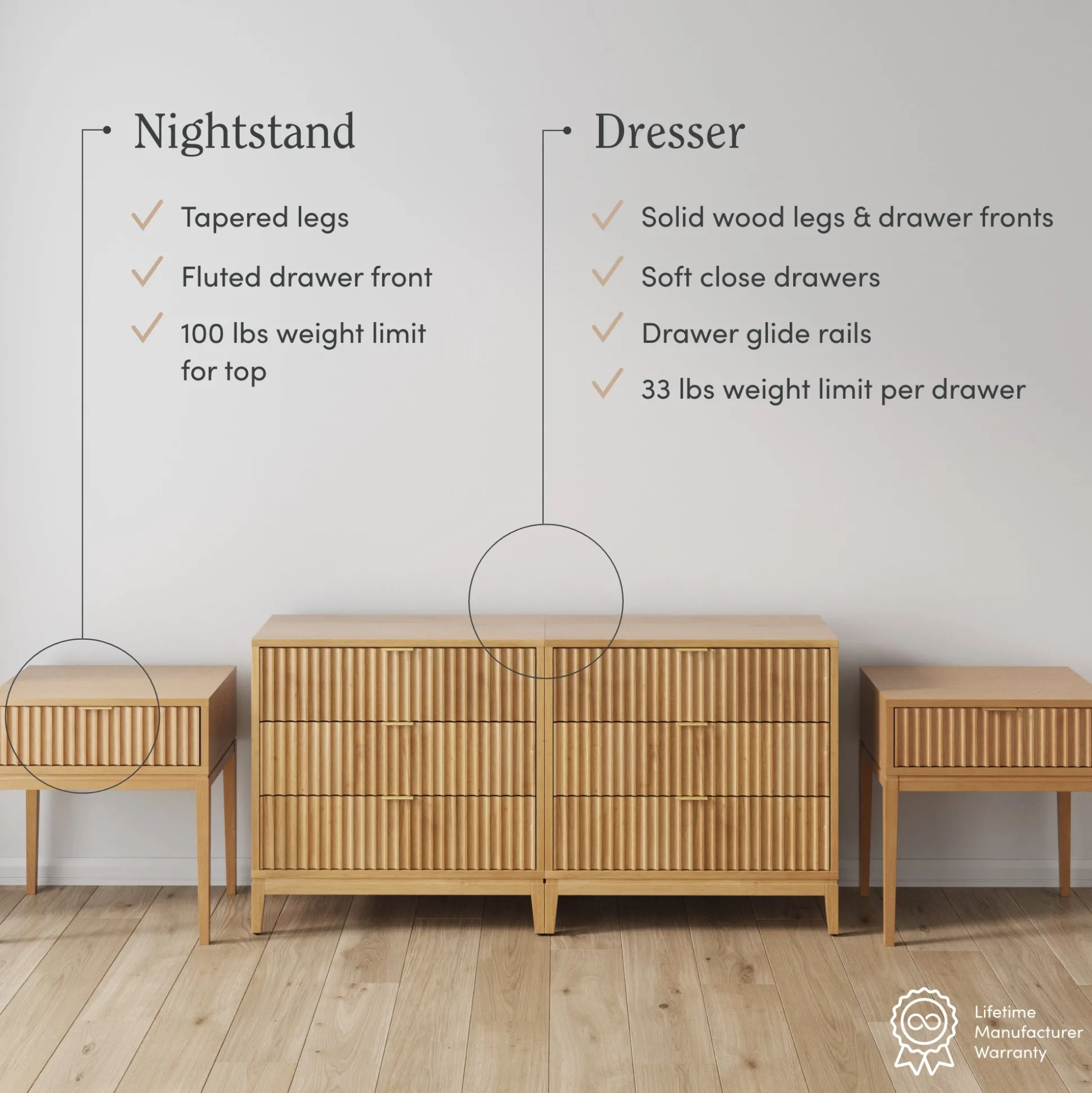 Fluted Wood Bedroom Set Warm Pine