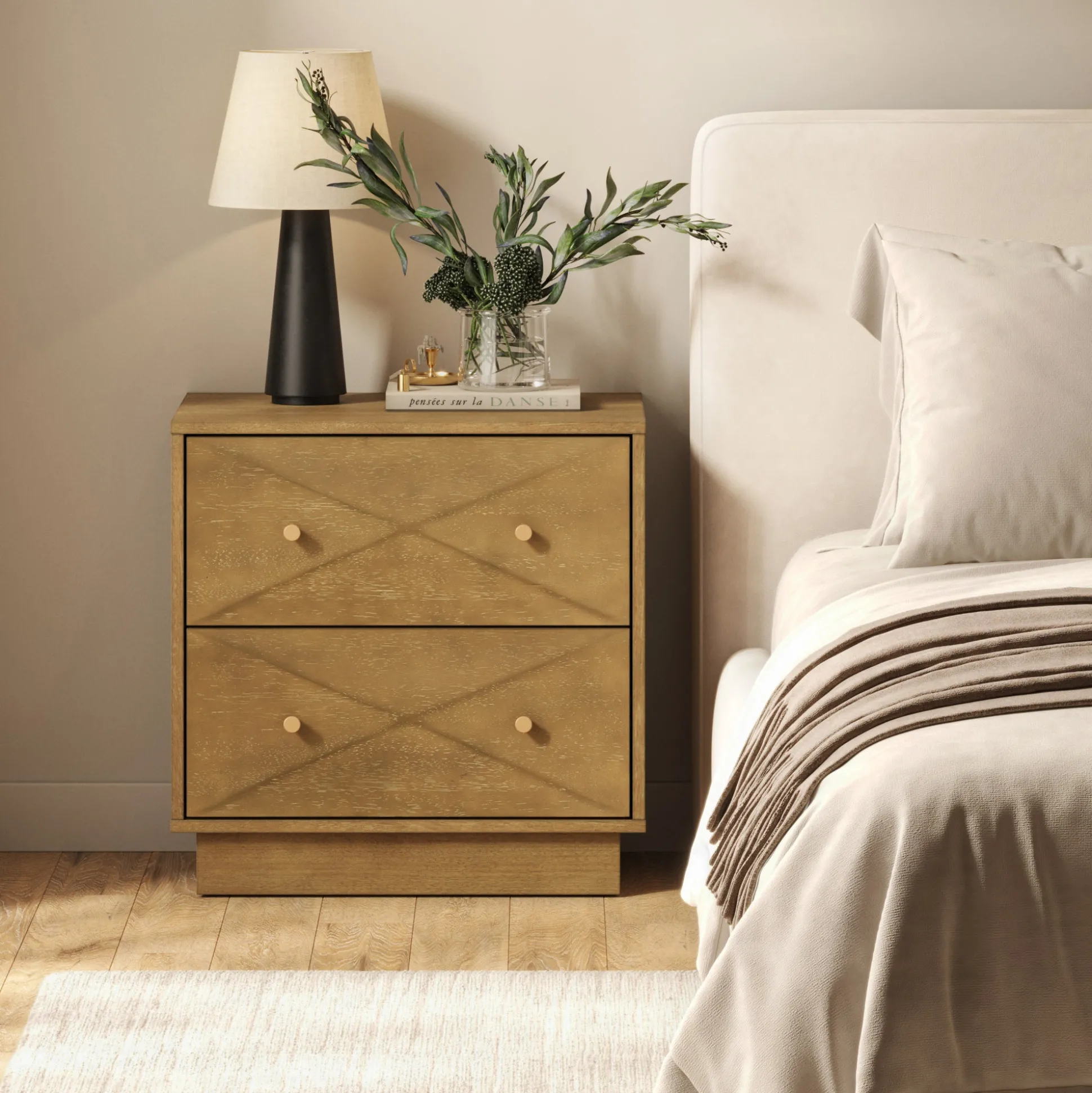 Geometric Wood Modern Nightstand with 2 Drawers Light Brown