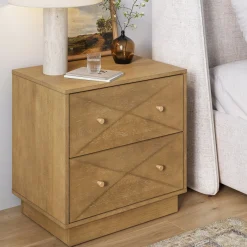 Geometric Wood Modern Nightstand with 2 Drawers Light Brown