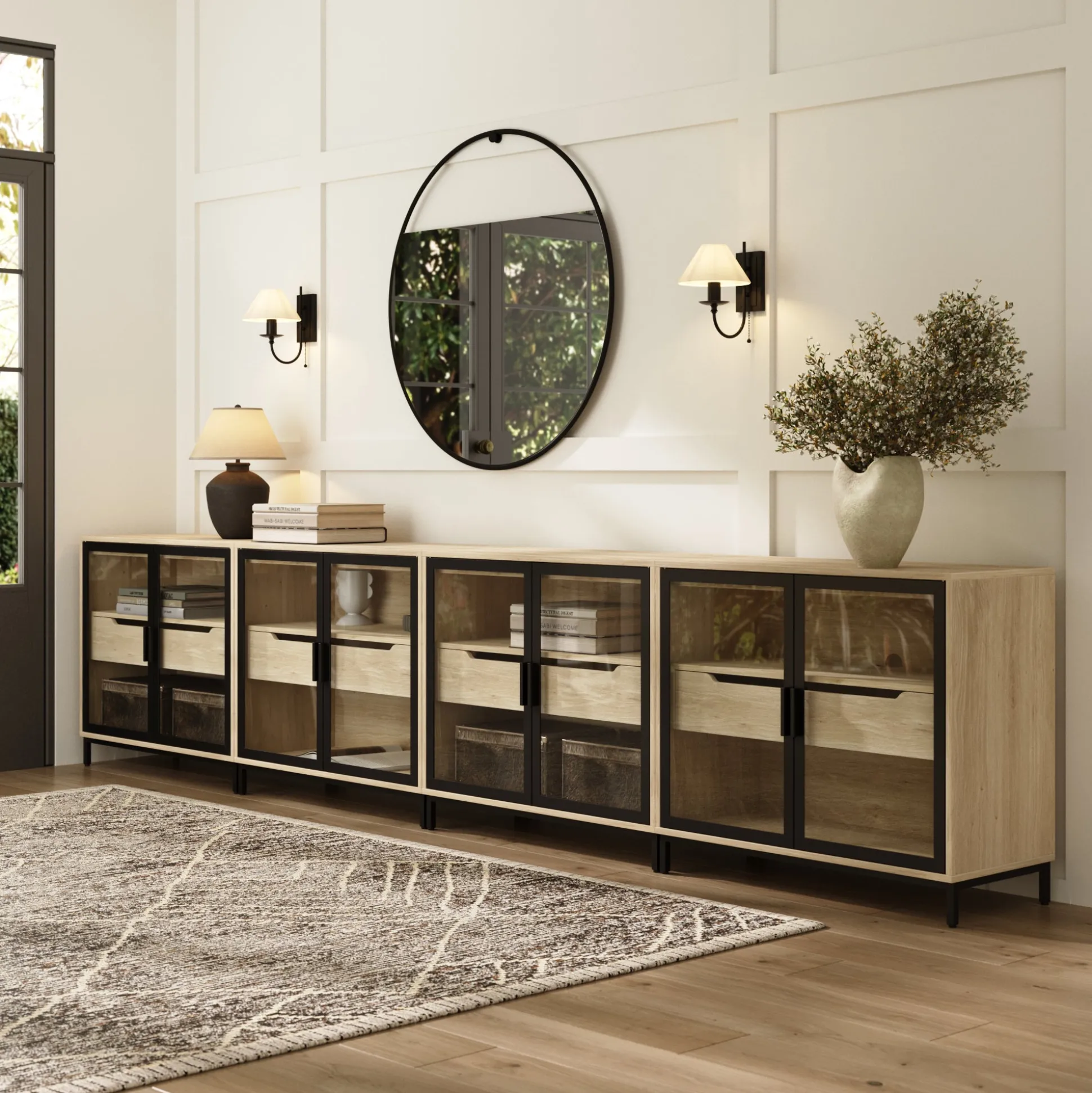 Glass Cabinet Credenza with Drawer Light Oak (Set of 4)