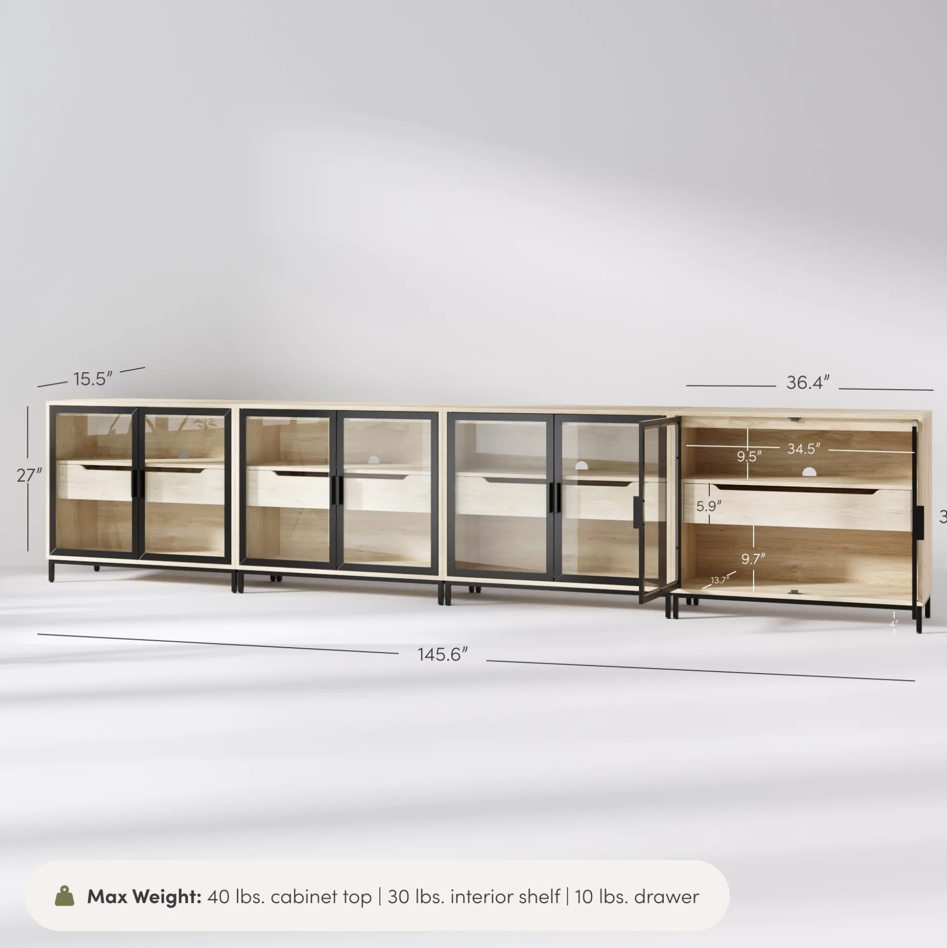 Glass Cabinet Credenza with Drawer Light Oak (Set of 4)