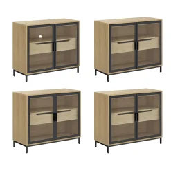 Glass Cabinet Credenza with Drawer Light Oak (Set of 4)