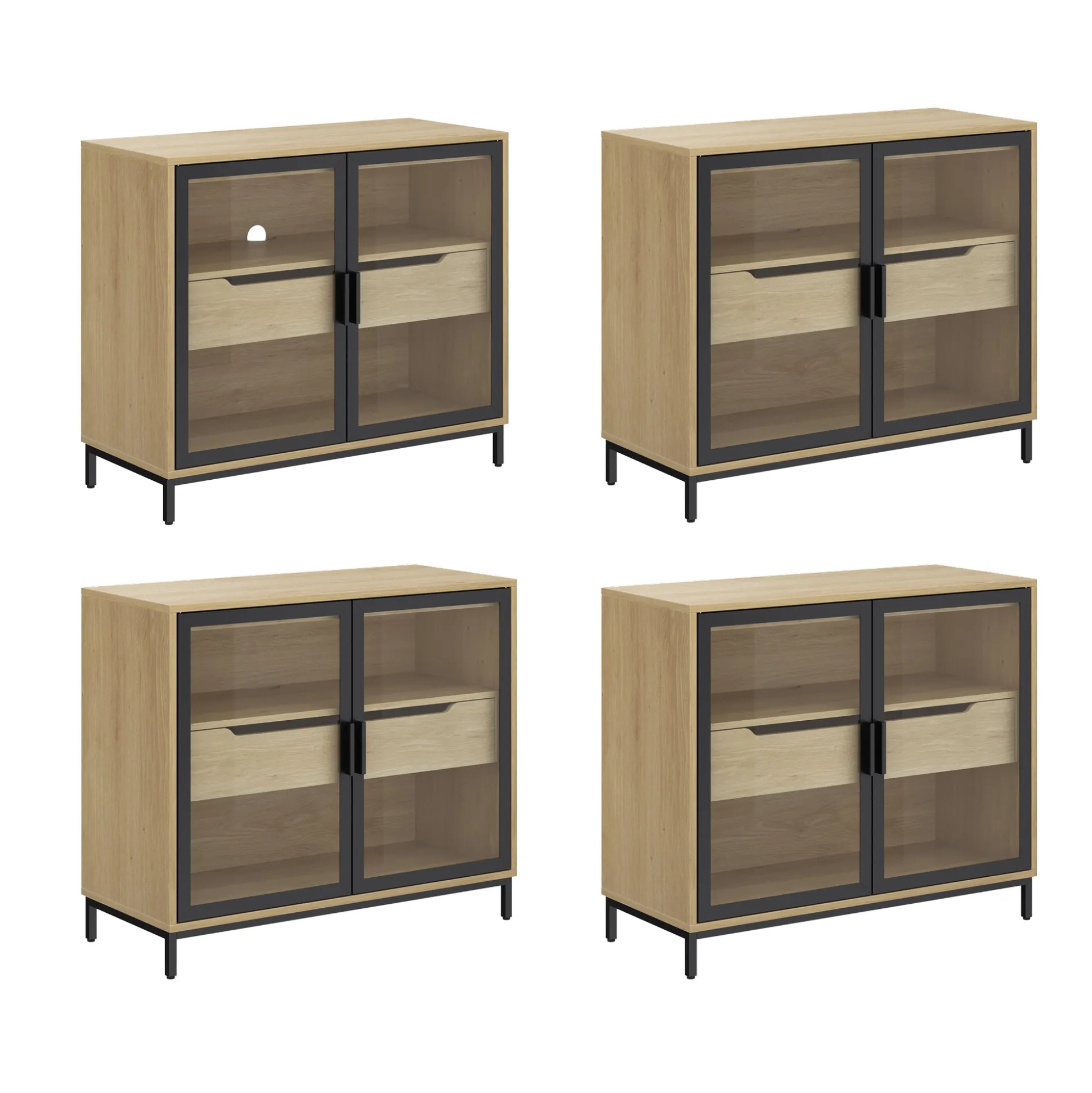 Glass Cabinet Credenza with Drawer Light Oak (Set of 4)