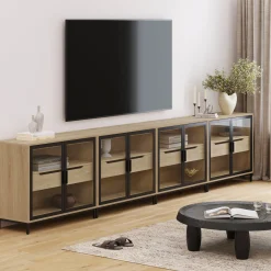 Glass Cabinet Credenza with Drawer Light Oak (Set of 4)