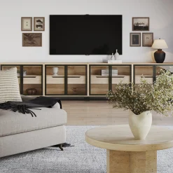 Glass Cabinet Credenza with Drawer Light Oak (Set of 4)