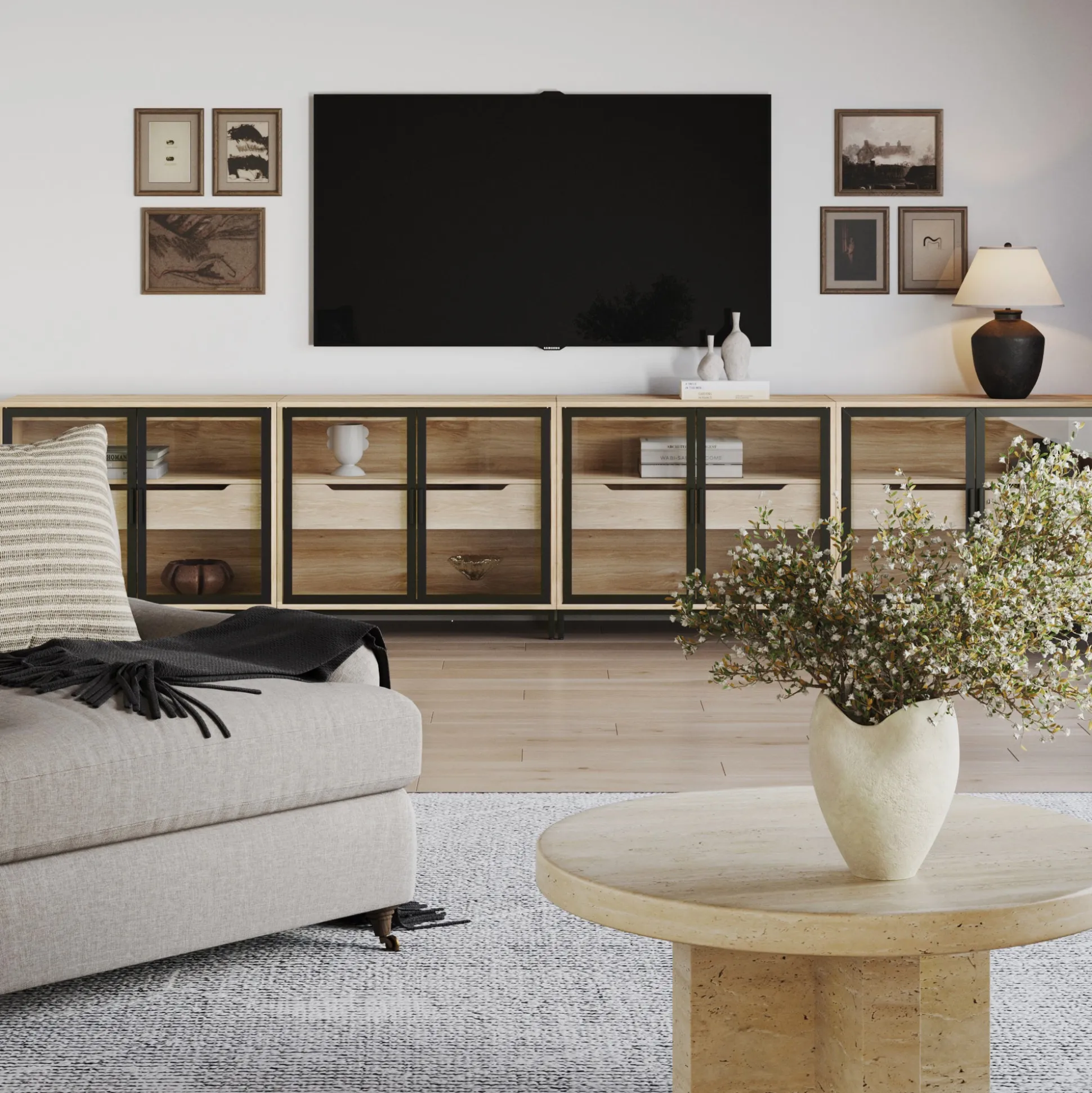 Glass Cabinet Credenza with Drawer Light Oak (Set of 4)