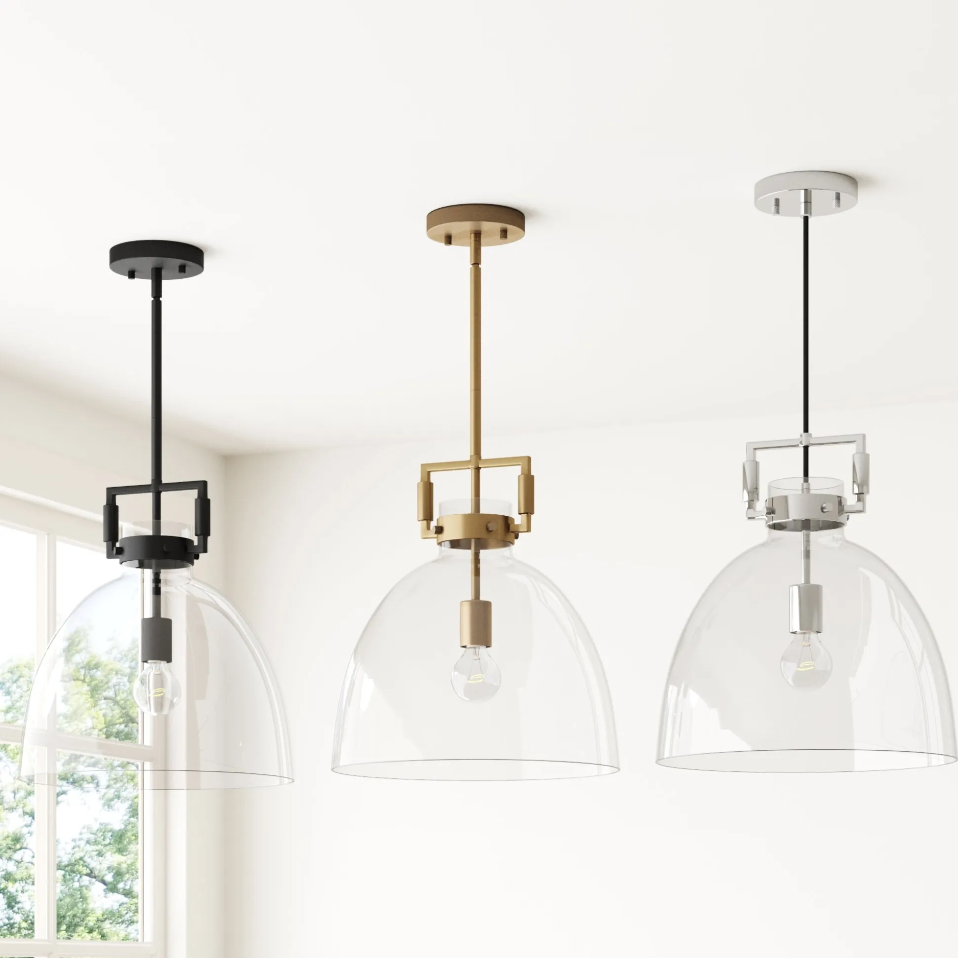 Glass Dome Pendant Lights Black (Set of 2)