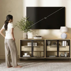 Glass TV Stand Console Cabinet with Doors for TVs up to 65