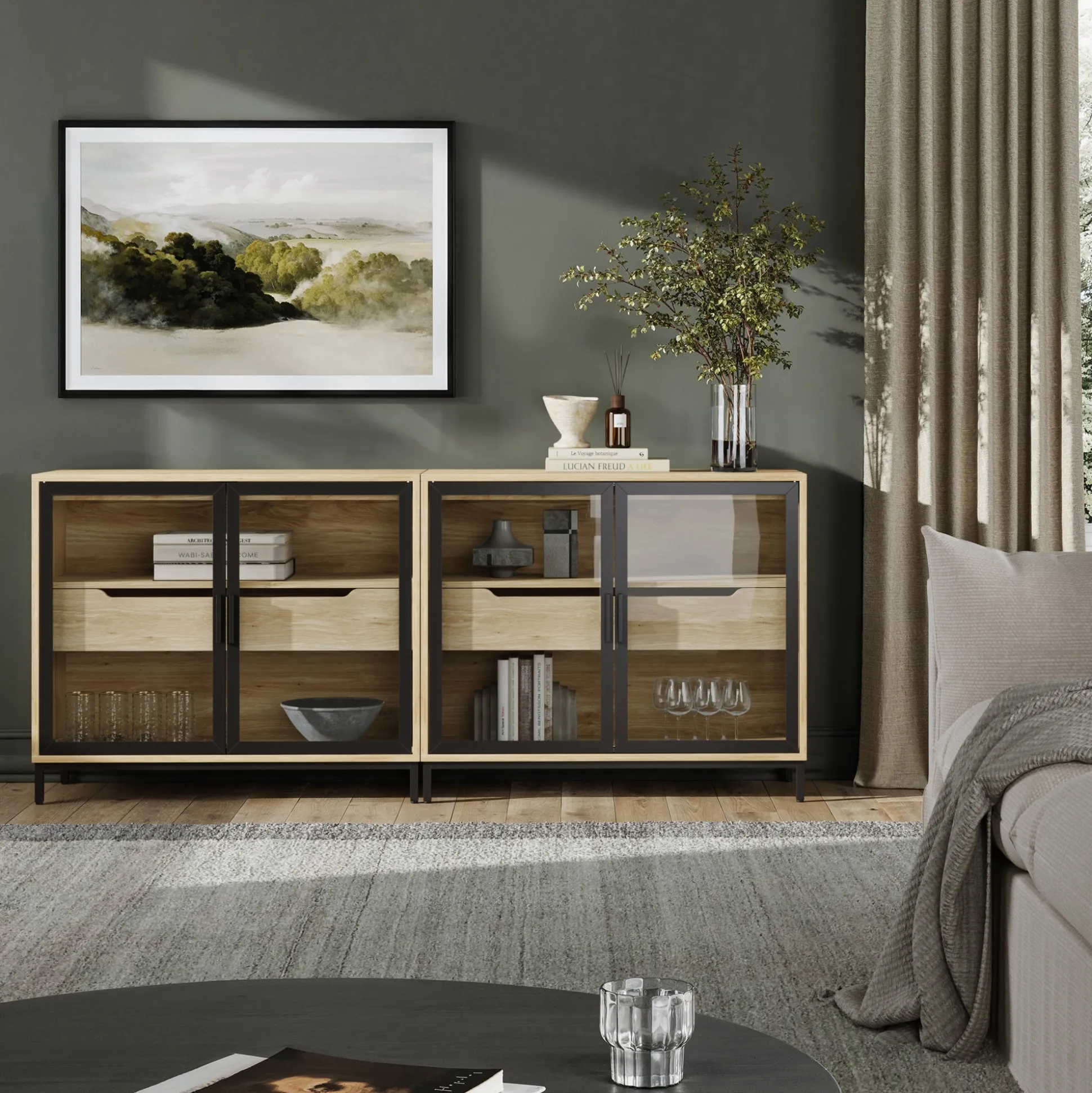 Glass TV Stand Console Cabinet with Doors for TVs up to 65"