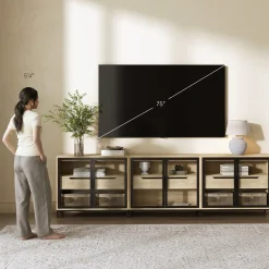 Glass TV Stand Console Cabinet with Doors for TVs up to 75