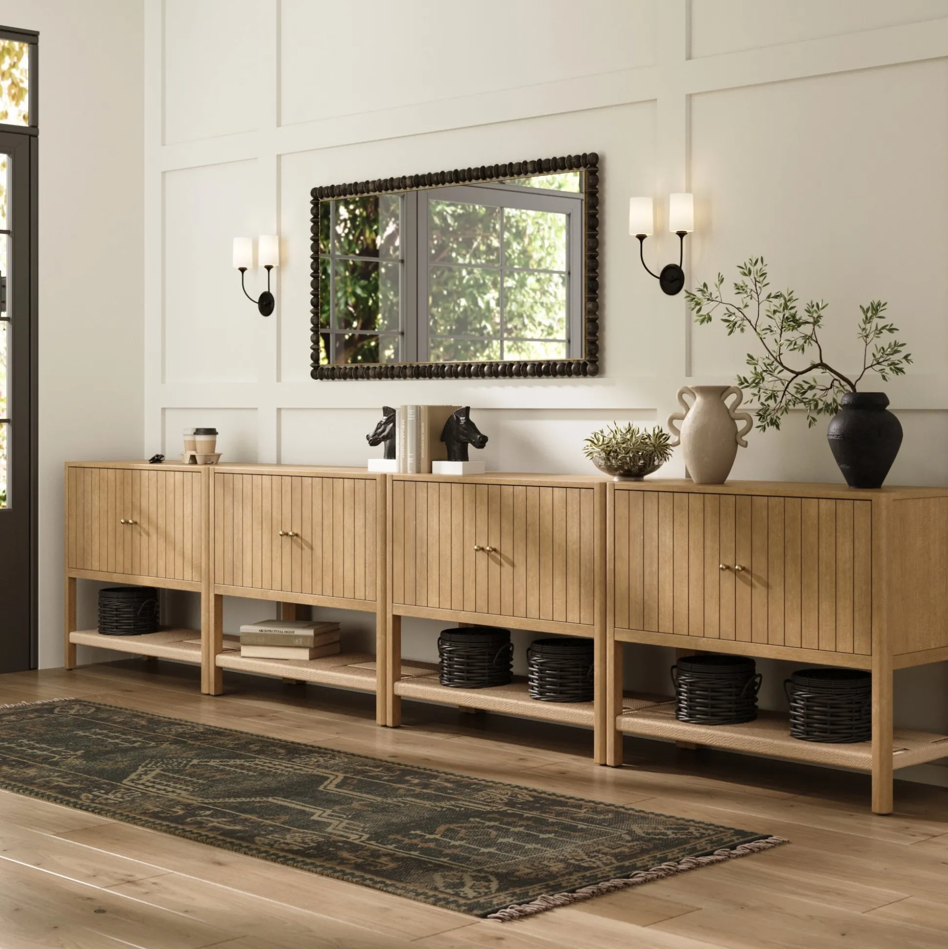 Grooved Door Credenza Storage Cabinet Light Brown (Set of 4)