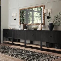 Grooved Door Large Credenza Storage Cabinet Black Oak (Set of 4)
