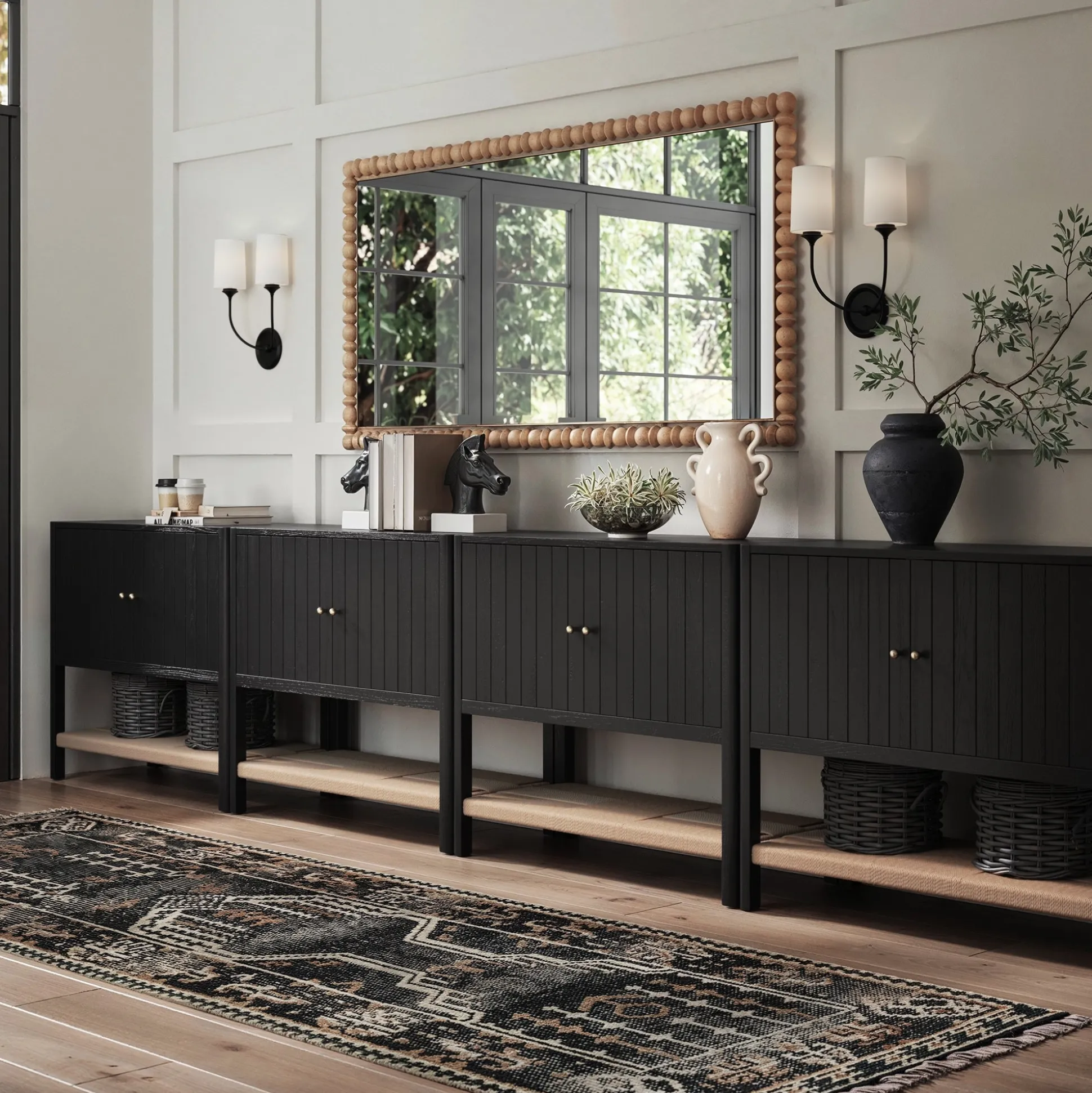 Grooved Door Large Credenza Storage Cabinet Black Oak (Set of 4)