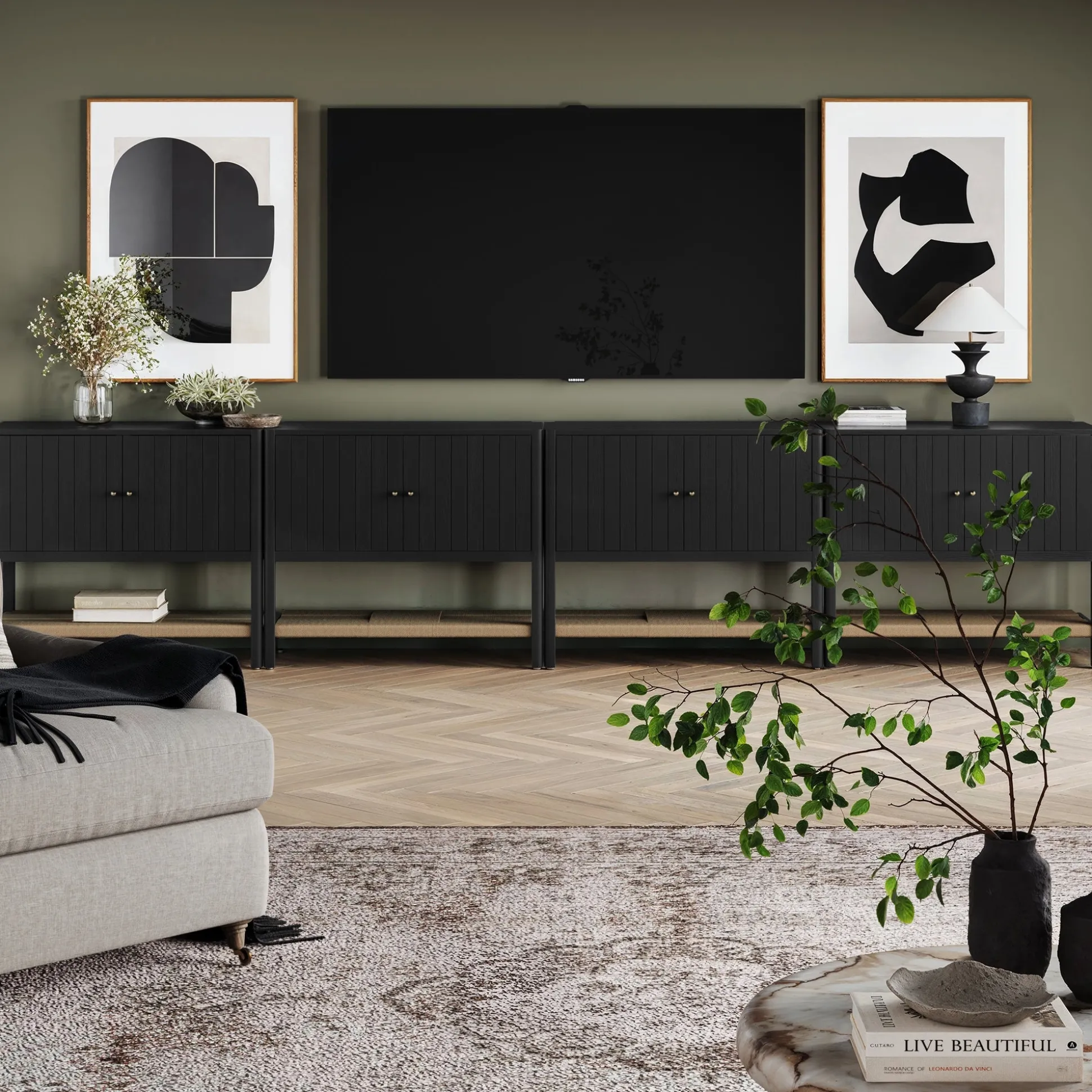 Grooved Door Large Credenza Storage Cabinet Black Oak (Set of 4)