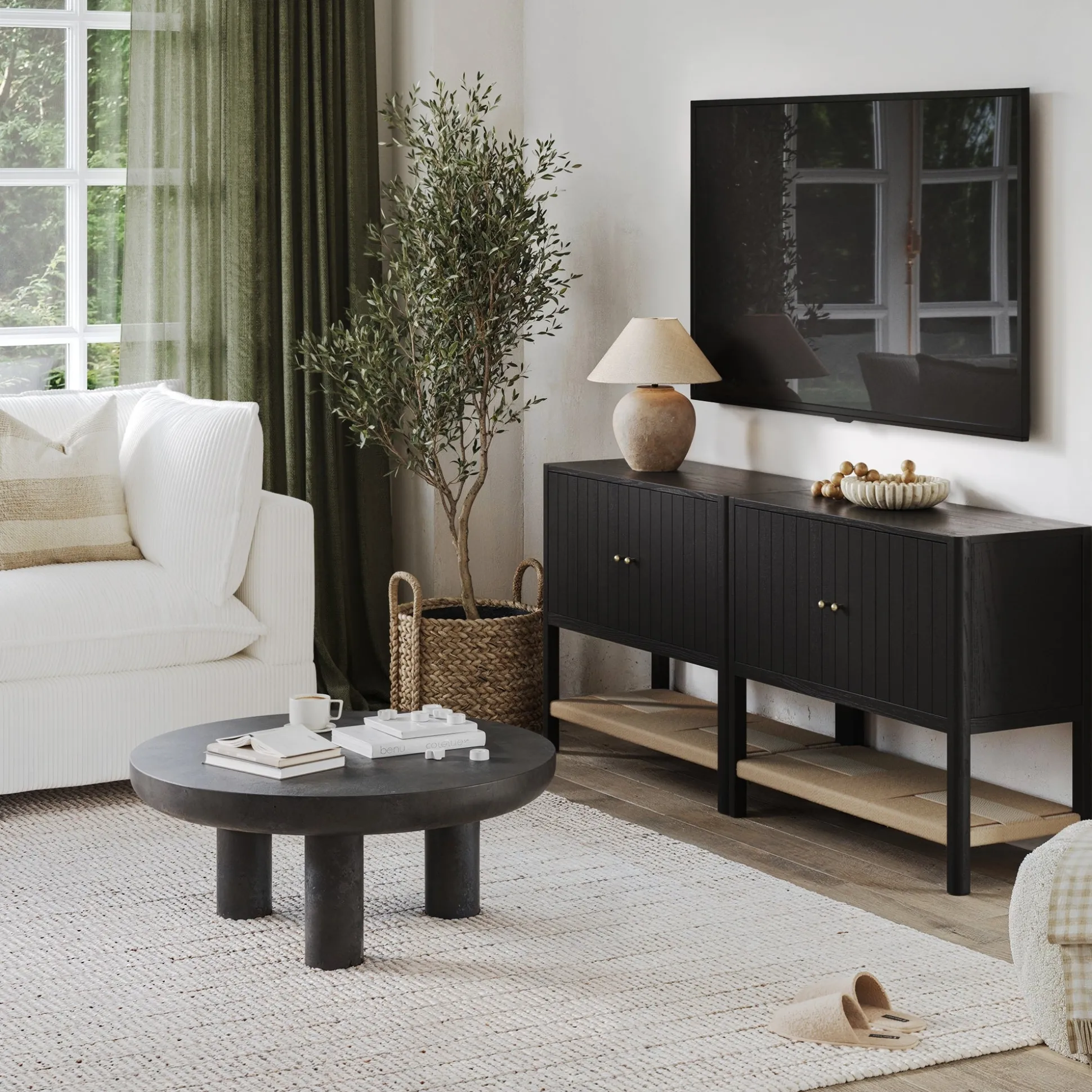 Grooved Door Storage Cabinet Credenza Black Oak (Set of 2)