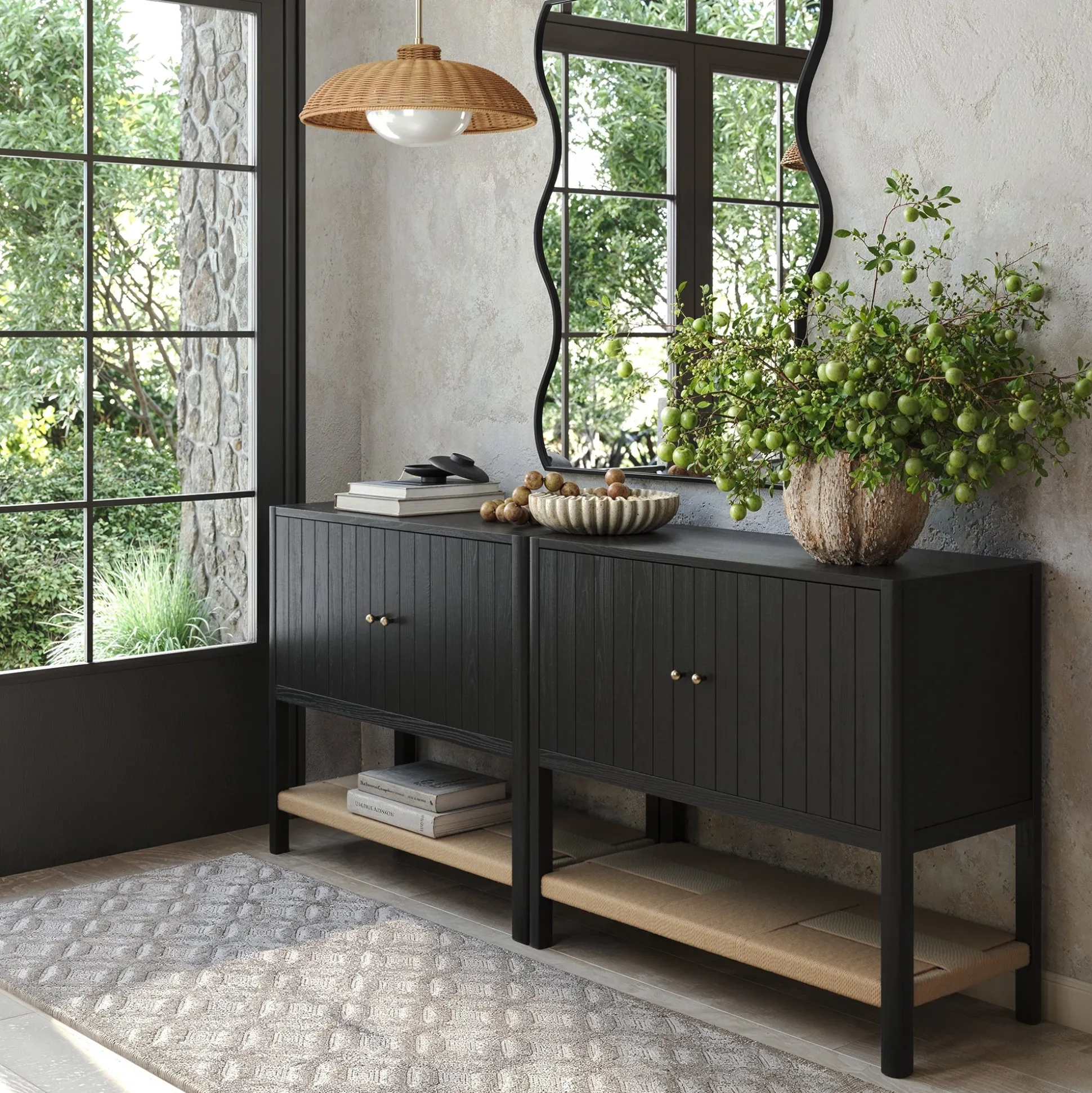 Grooved Door Storage Cabinet Credenza Black Oak (Set of 2)