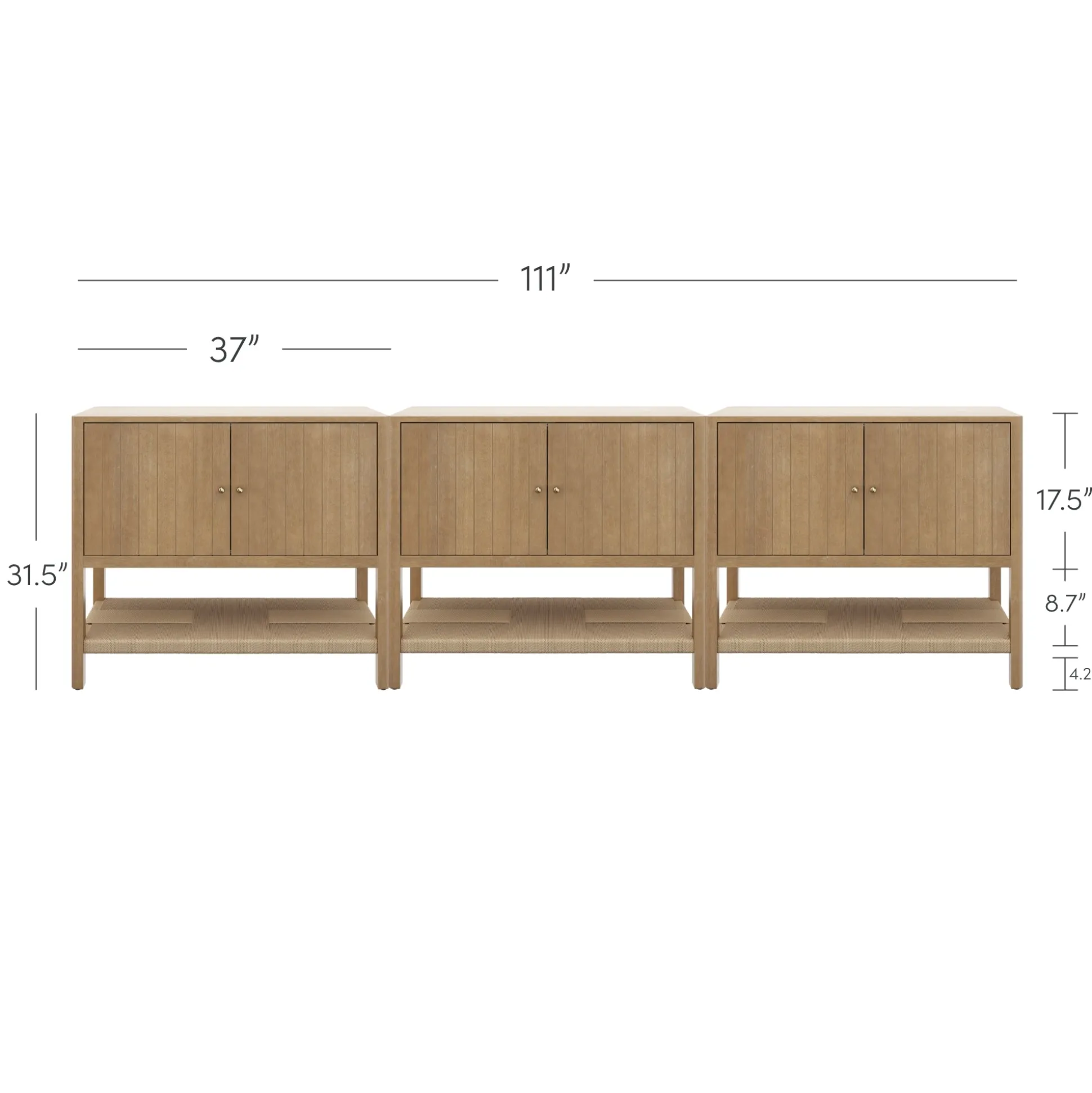 Grooved Door Storage Cabinet Credenza Light Brown (Set of 3)