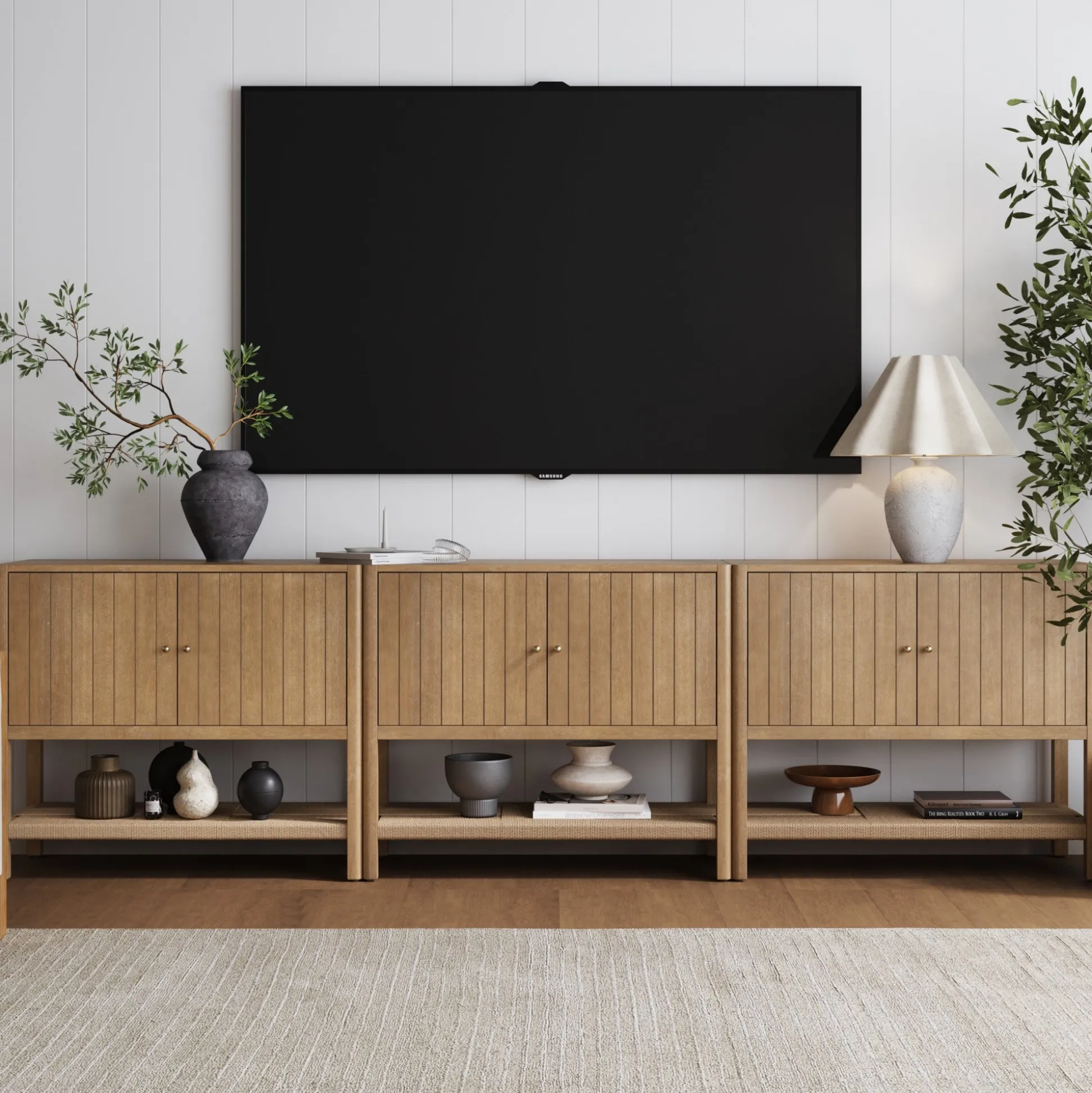 Grooved Door Storage Cabinet Credenza Light Brown (Set of 3)