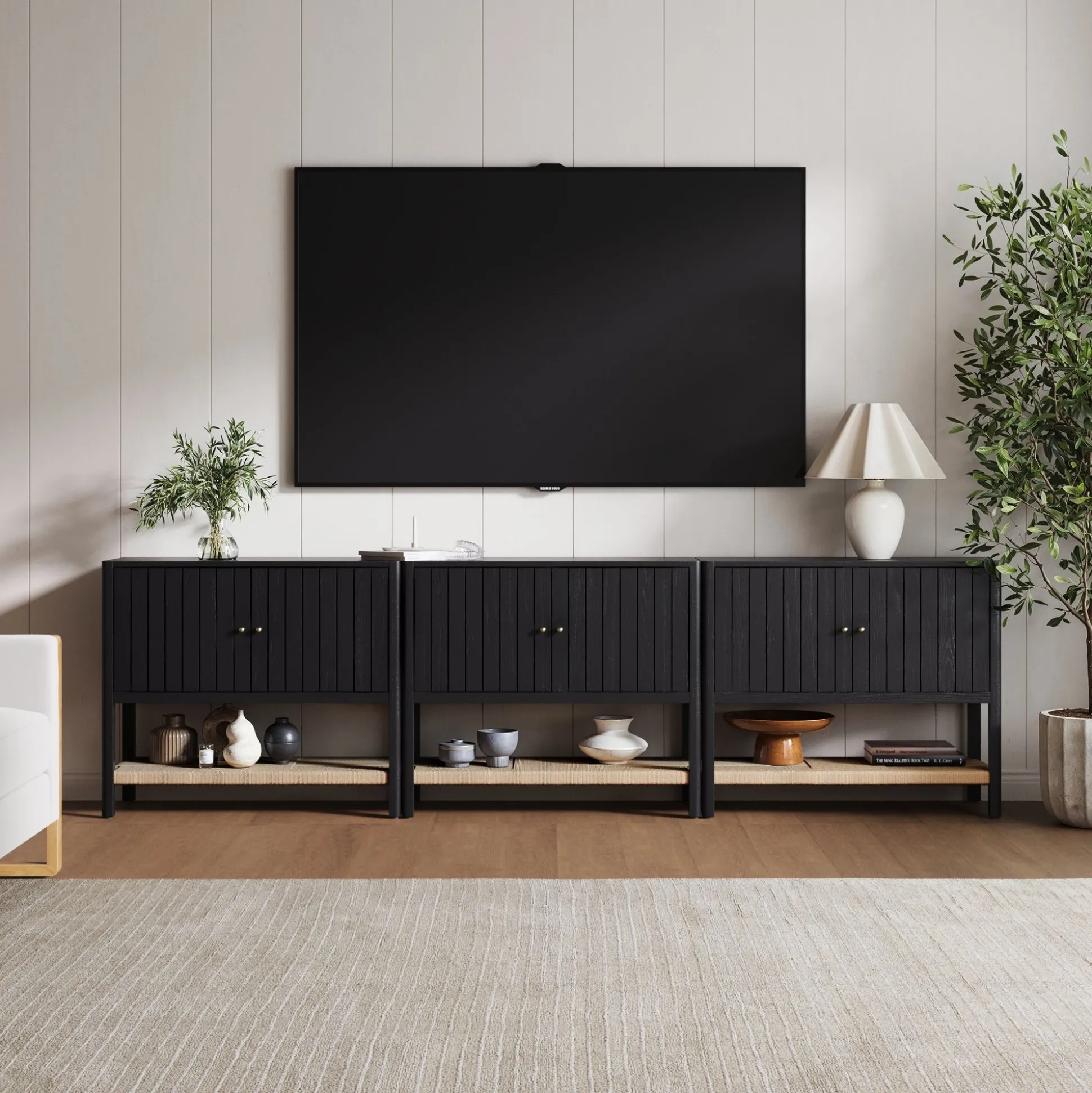 Grooved Door Storage Cabinet Credenza Black Oak (Set of 3)