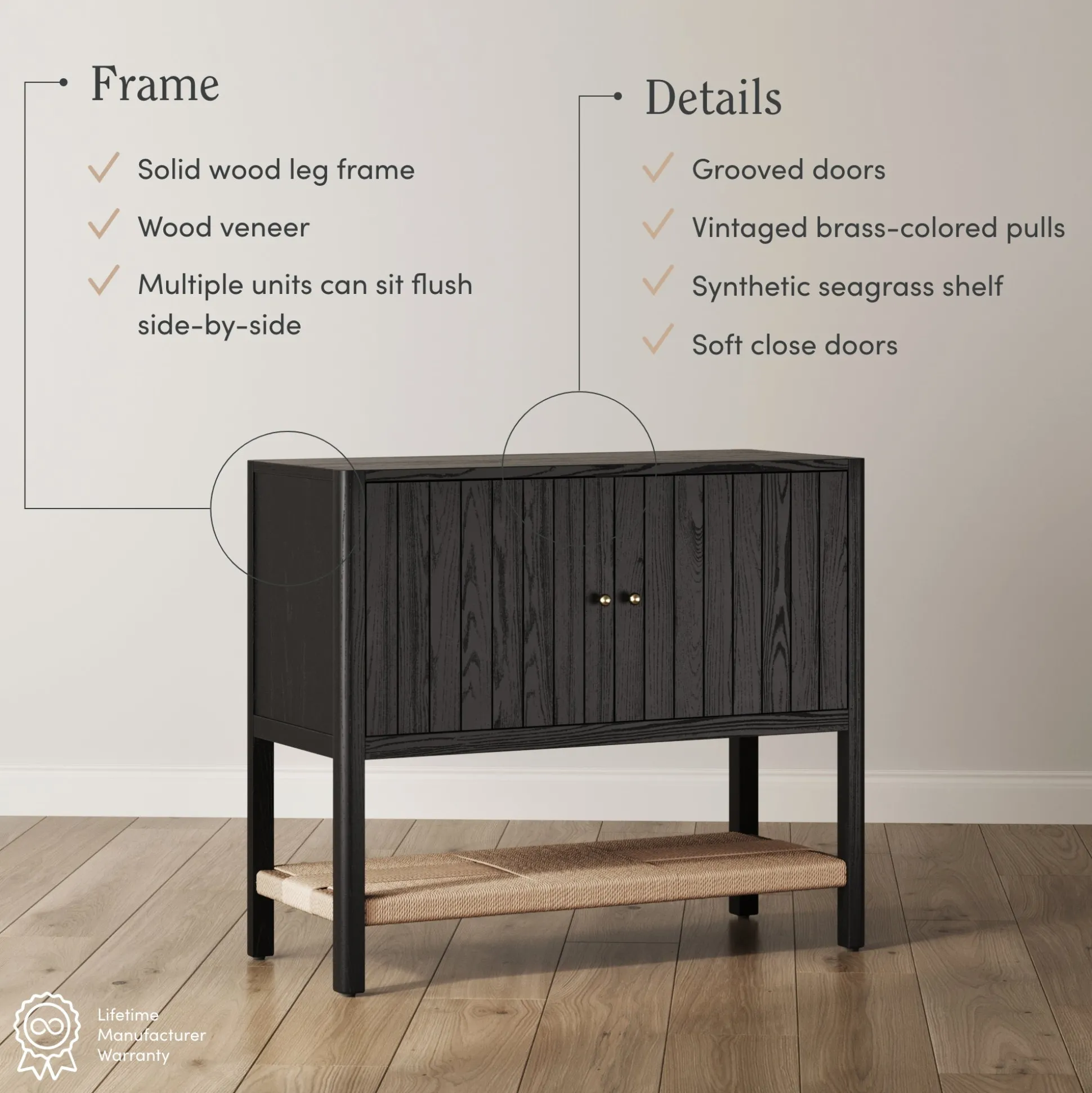 Grooved Door Storage Cabinet Credenza Black Oak (Set of 3)