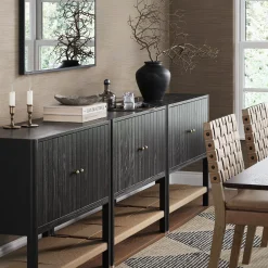 Grooved Door Storage Cabinet Credenza Black Oak (Set of 3)