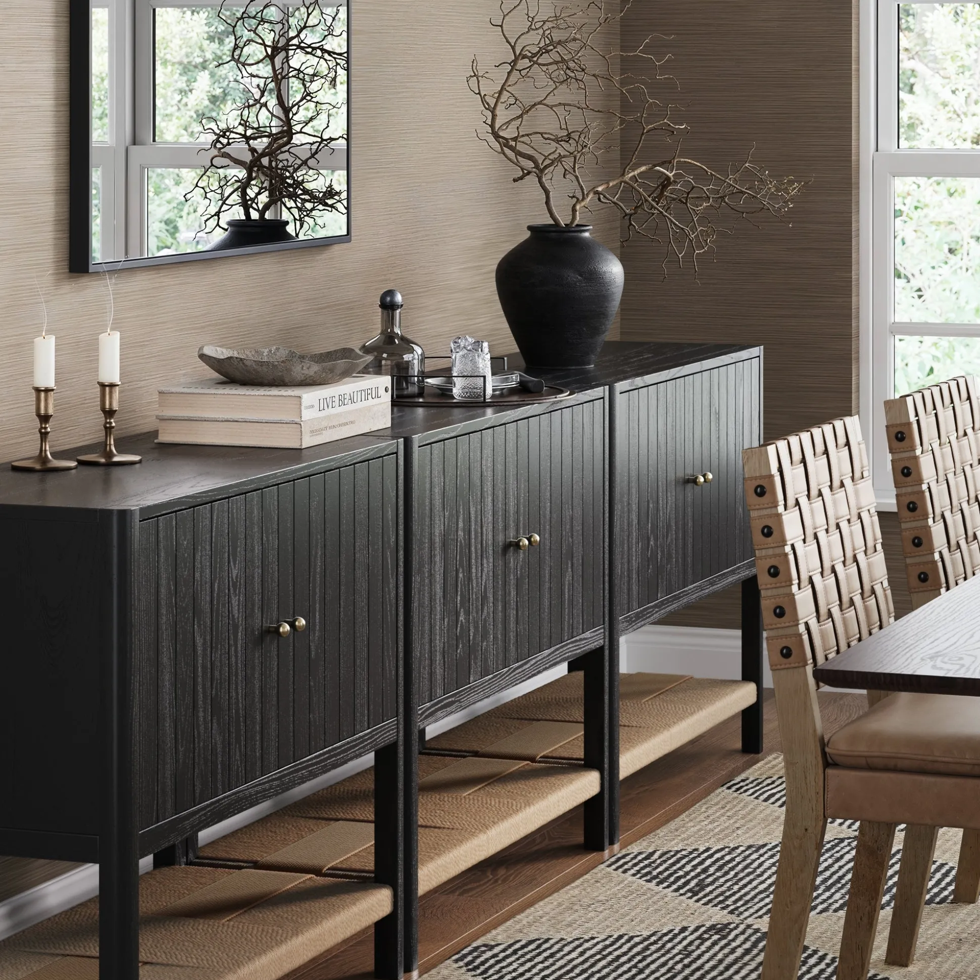 Grooved Door Storage Cabinet Credenza Black Oak (Set of 3)