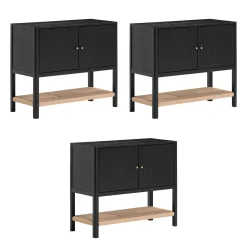 Grooved Door Storage Cabinet Credenza Black Oak (Set of 3)