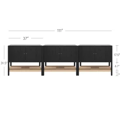 Grooved Door Storage Cabinet Credenza Black Oak (Set of 3)