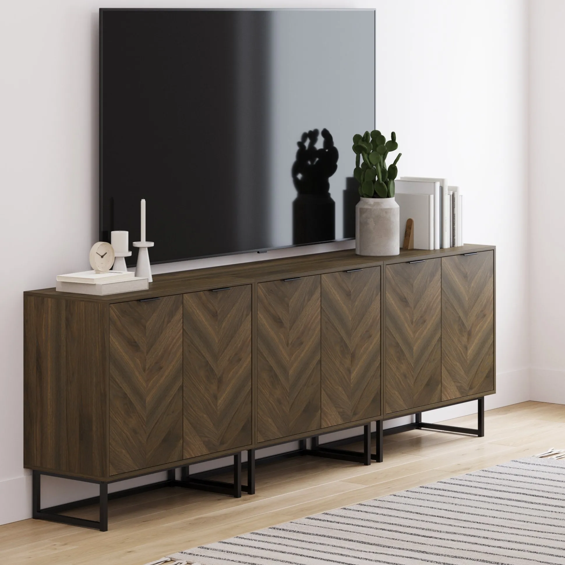 Herringbone Storage Cabinet Credenza Walnut (Set of 3)