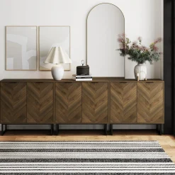 Herringbone Storage Cabinet Credenza Walnut (Set of 3)