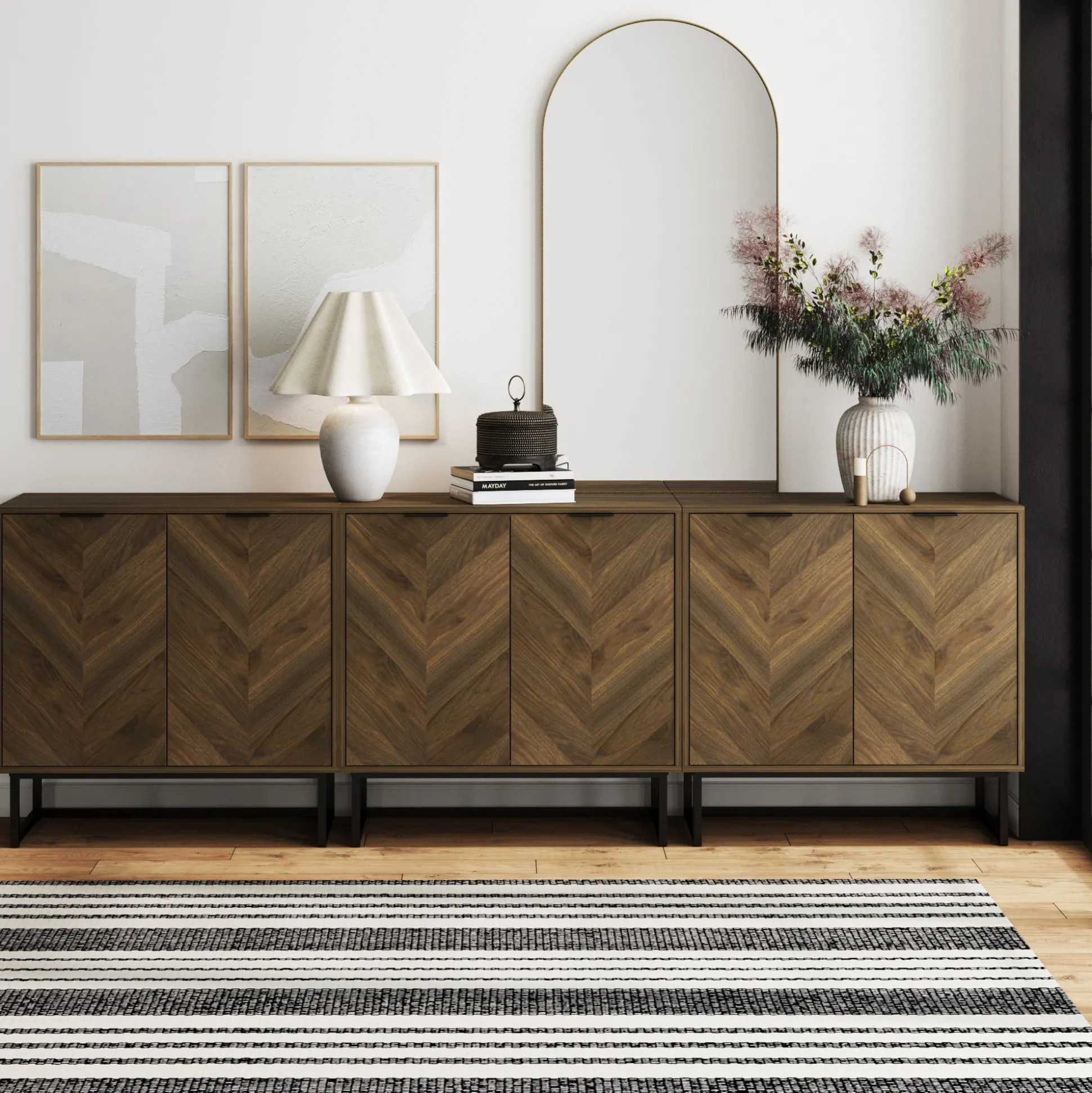 Herringbone Storage Cabinet Credenza Walnut (Set of 3)
