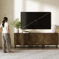 Herringbone Storage Cabinet Credenza Walnut (Set of 3)