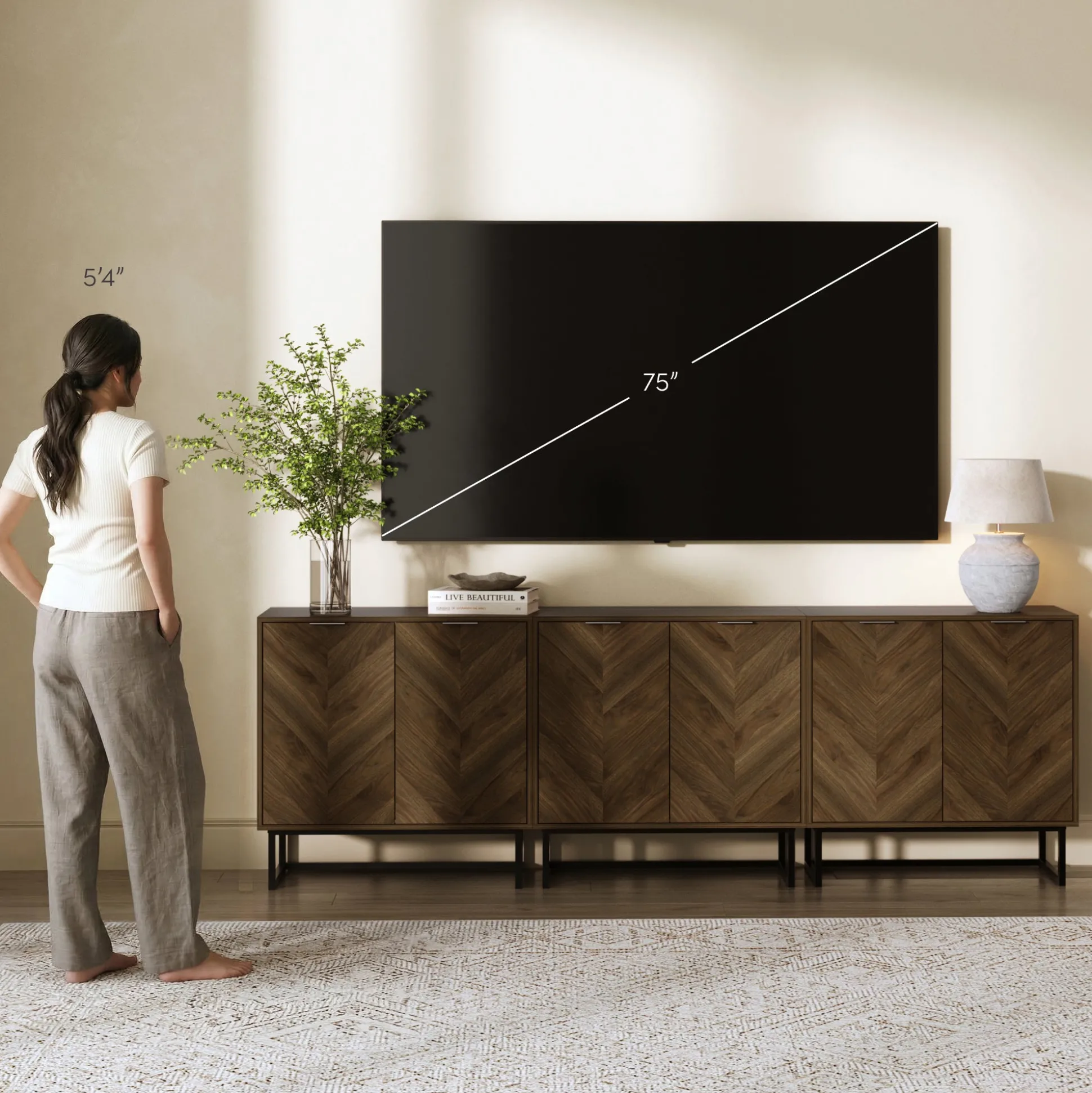 Herringbone Storage Cabinet Credenza Walnut (Set of 3)