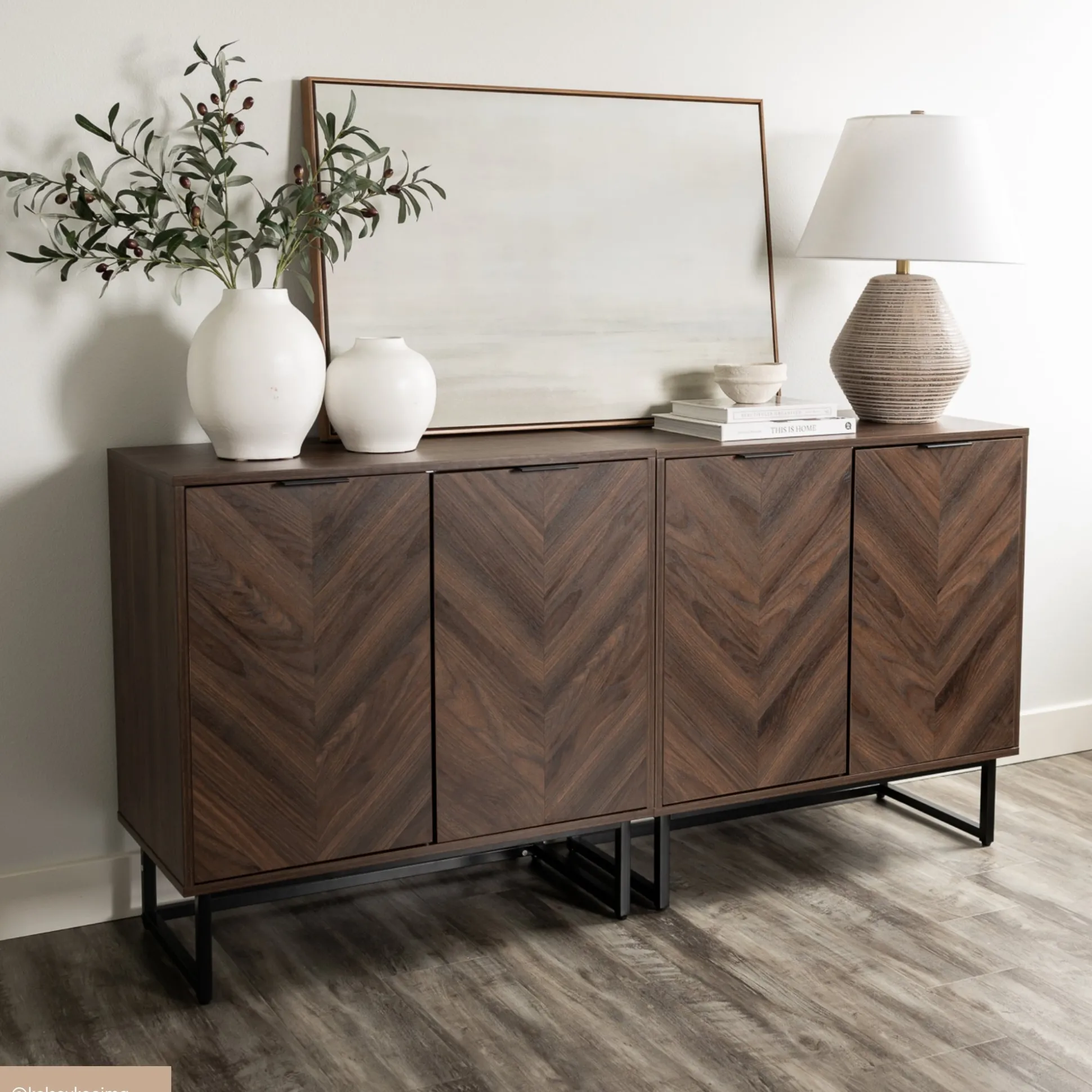 Herringbone Storage Cabinet Credenza Walnut (Set of 3)