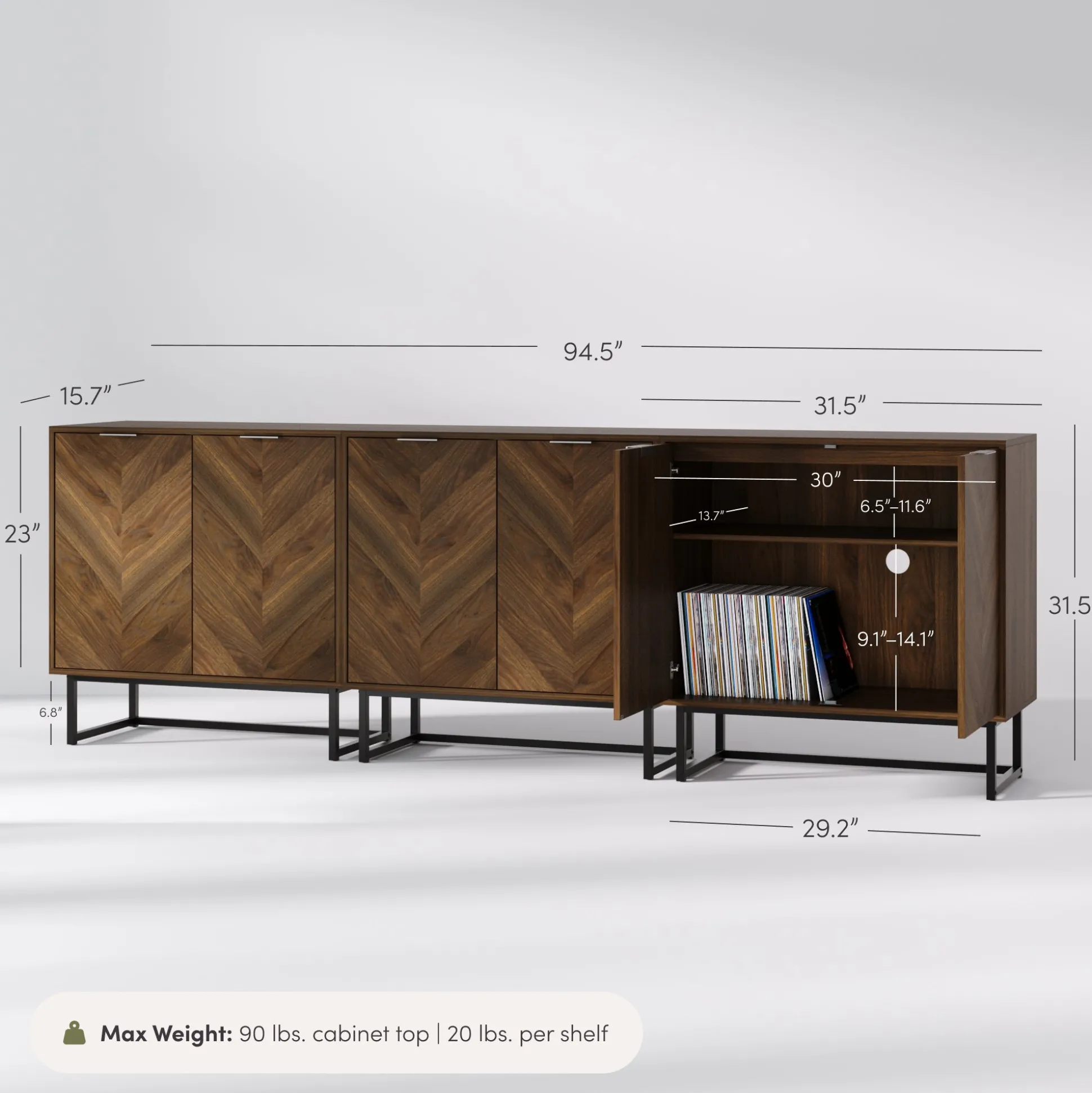 Herringbone Storage Cabinet Credenza Walnut (Set of 3)