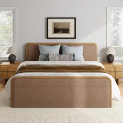 King Rounded Faux Leather Bed Frame with 2 Nightstands Light Brown