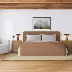 King Rounded Faux Leather Bed Frame with 2 Fluted Nightstands with Storage Light Brown
