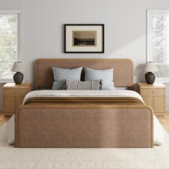 King Rounded Faux Leather Bed Frame with 2 Fluted Nightstands with Storage Light Brown